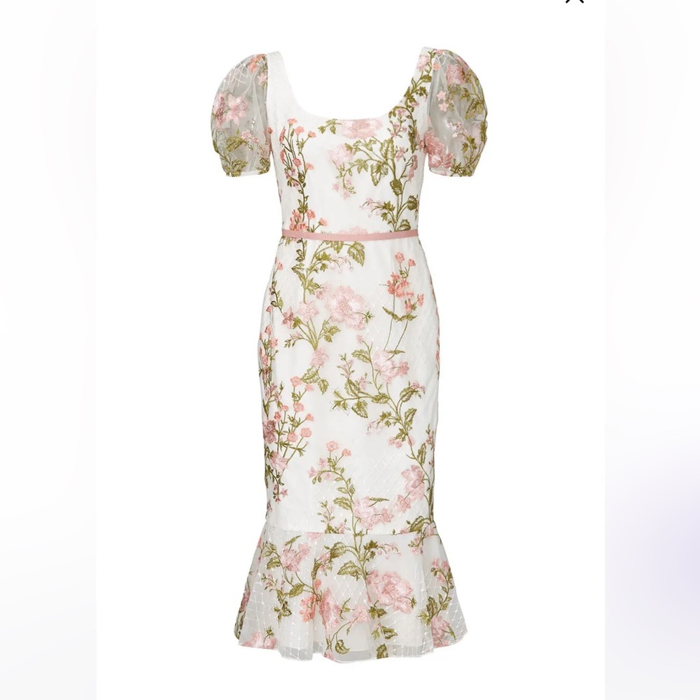 Marchesa Notte Floral Embroidered Puff Sleeve Dress size 8